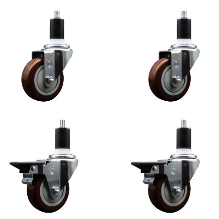 Service Caster 3.5'' Maroon Poly Wheel Swivel 1-1/2'' Expanding Stem Caster Set 2 Brakes, 4PK SCC-EX20S3514-PPUB-MRN-2-PLB-2-112
